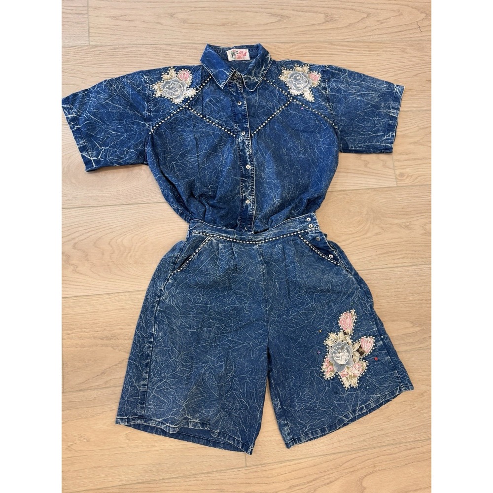 VTG 80s Acid Washed Denim Set Shirt & Shorts Bedazzled Sz L Floral Studded 1980s